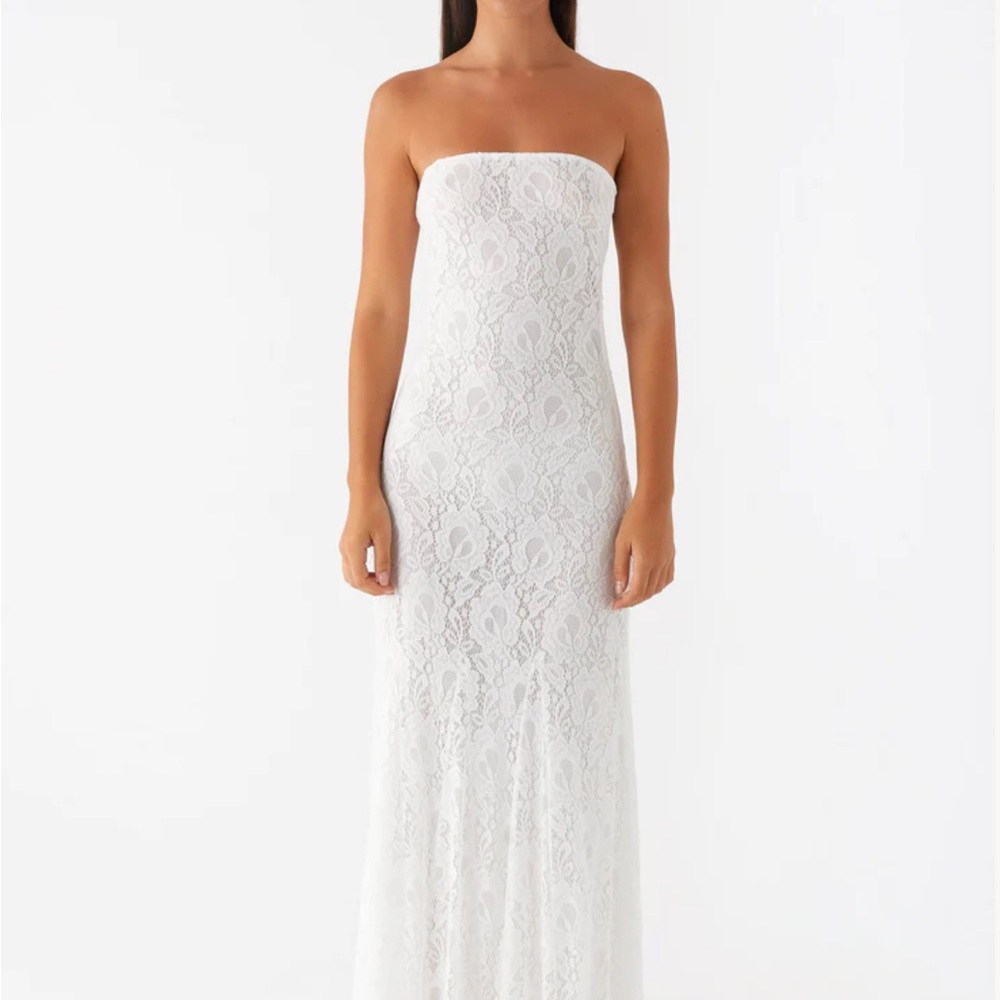 Pepper Mayo Strapless White Lace Maxi Dress